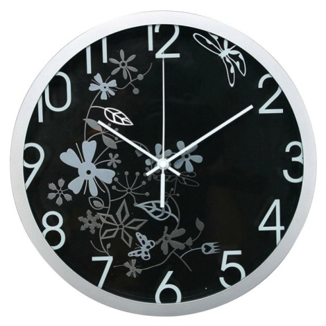 Nástěnné analogové hodiny 30 cm květinový motiv - černostříbrná