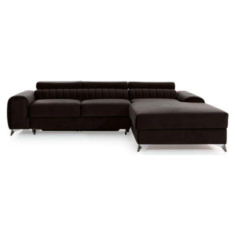 Tmavě hnědá sametová rozkládací/s úložným prostorem rohová pohovka (pravý roh/s lenoškou) Grayso ELTAP