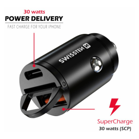 USB adaptér 1x + USB-C (Power Delivery, Super Charge, 30W, černý) Swissten