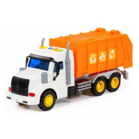 Popelářské auto s oranžovým kontejnerem