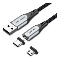 Vention 2-in-1 USB 2.0 to Micro + USB-C Male Magnetic Cable 0.5M Gray Aluminum Alloy Type