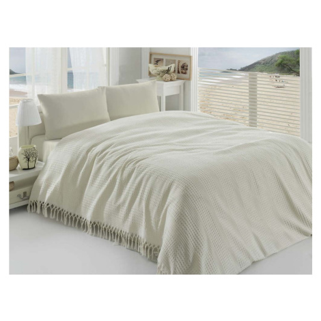 Krémový lehký bavlněný přehoz přes postel na dvoulůžko Pique, 220 x 240 cm Mijolnir