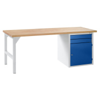 Dílenský stůl, stavebnicový systém, 2 zásuvky, 1 dveře, šířka 2000 mm, modrá