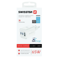 Swissten síťový adaptér GaN 2x USB-C 65W PD + 1x USB-A 18W QC bílý