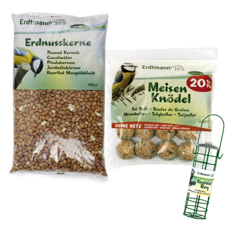 Erdtmann's 20 koulí pro sýkorky bez síťky + 1 závěsné krmítko na koule + 5 kg arašídových jader