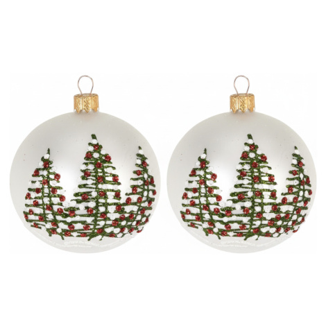 H&L Sada 2 ks - Vánoční koule Deco skleněná s jehličnany, bílá (8 cm)
