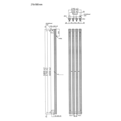 Sapho PILON otopné těleso 270x1800 mm, se čtyřmi háčky pro ručník, černá mat