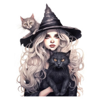 Obrazy na stěnu - Mladá čarodejnice s kočkami Rozměr: 40x50 cm, Rámování: bez rámu a bez vypnutí