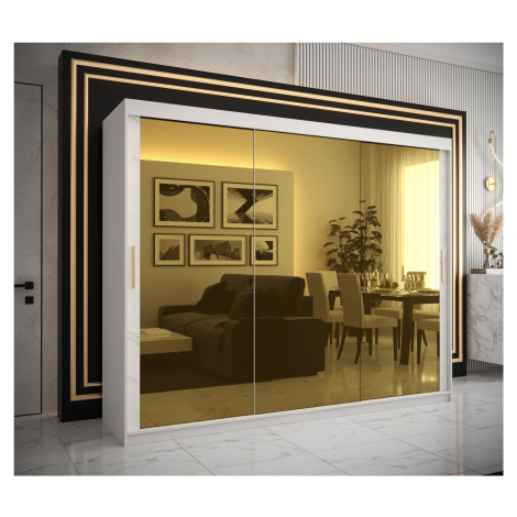 Šatní skříň Abi Golden T3 Barva korpusu: Bílá, Rozměry: 250 cm, Dveře: Bílý Marmur + zlaté zrcad