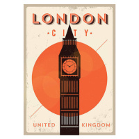 Ilustrace Vintage Big Ben, London City Poster, kursatunsal, 30 × 40 cm