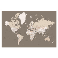 Mapa Earth tones detailed world map with cities, Blursbyai, (40 x 26.7 cm)