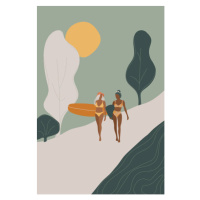 Ilustrace Surfer Girls walking with the surfboards, LucidSurf, 26.7x40 cm