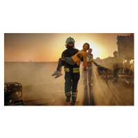 Fotografie Brave Firefighter Carries Injured Young Girl, gorodenkoff, 40 × 22.2 cm