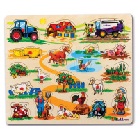 Dřevěné puzzle Pin Puzzle Eichhorn 21 vkládacích tvarů s obrázky safari farma dopravní prostředk