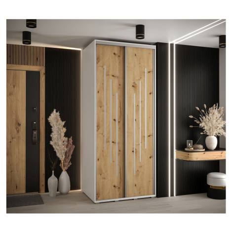Šatní skříň YVONA 8 - 120/60 cm, bílá / dub artisan / stříbrná