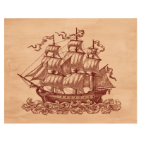 Ilustrace Ship on brown old paper., Natalia Barashkova, 40 × 30 cm