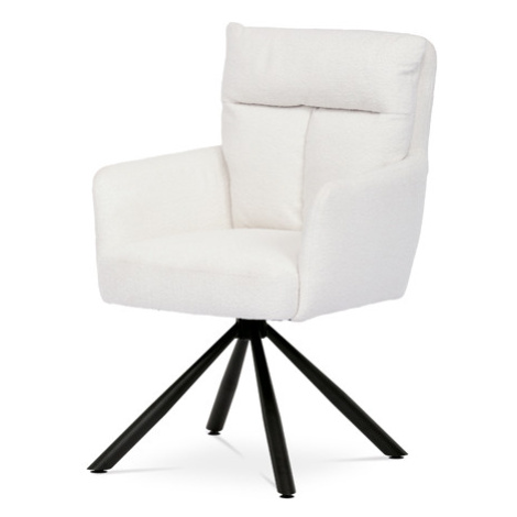 Jídelní židle, bílá látka bouclé, otočná s vratným mechanismem - funkce reset, černé kovové nohy Autronic
