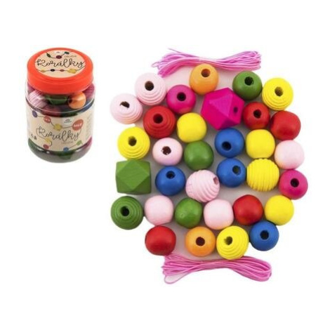 Korálky dřevěné barevné MAXI s gumičkami 54 ks v plastové dóze Teddies