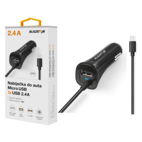 Nabíječka do auta ALIGATOR micro USB s USB výstupem, 2.4A, Turbo charge, Black