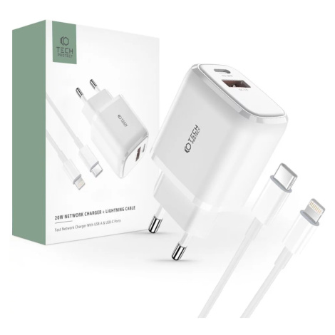 Nabíječka TECH-PROTECT C20W 2-PORT NETWORK CHARGER PD20W/QC3.0 + LIGHTNING CABLE WHITE (94907139