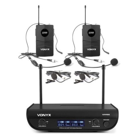 Vonyx WM82B Digital, 2kanálový systém UHF bezdrátových mikrofonů, 2 x headset mikrofon, 50 m, ku