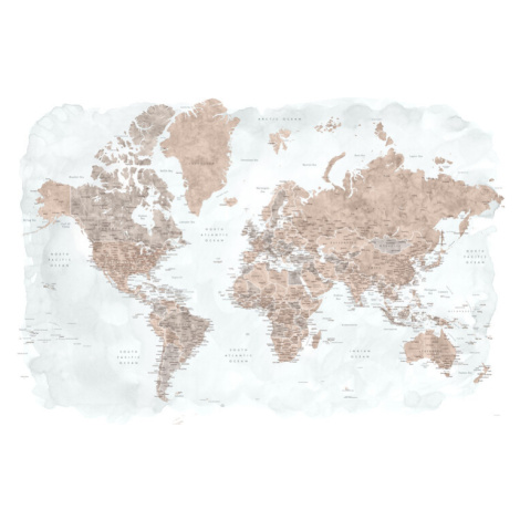 Mapa Neutrals and muted blue watercolor world map with cities, Calista, Blursbyai, 40x26.7 cm