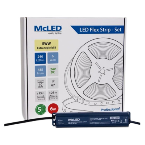 McLED LED pásek - sada 6 m, 240 LED/m, EWW, 6 W/m, DC 24V, 485 lm/m, CRI90, IP67, 10 mm, vodič 3