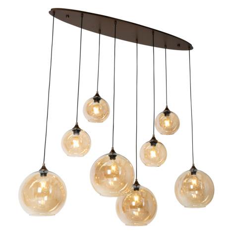 Závěsné svítidlo Art Deco tmavě bronzové s jantarovým sklem oválným 8-světlo - Sandra QAZQA