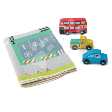 Dřevěná městská auta Town Playmat Tender Leaf Toys na plátěné mapě a s doplňky