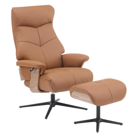 P & B RELAXAČNÍ KŘESLO S TABURETEM, dřevo, textil, kůže, hnědá