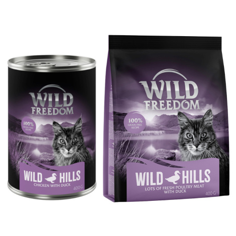 Wild Freedom 12 x 400 g + granule 400 g za skvělou cenu - Wild Hills - kachní & kuřecí + Adult "