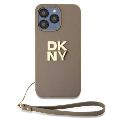 DKNY PU Leather Stack Logo Wrist Strap kryt iPhone 15 Pro béžový