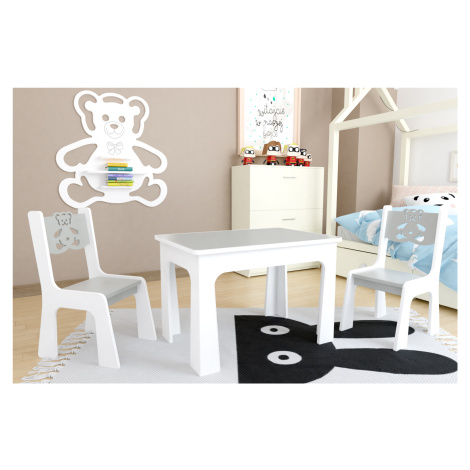 ID Dětský stůl a dvě židličky - šedý medvídek