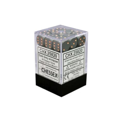 Chessex Sada 6-stěnných kostek 12mm - Tmavě šedá s měděnými tečkami (36x)