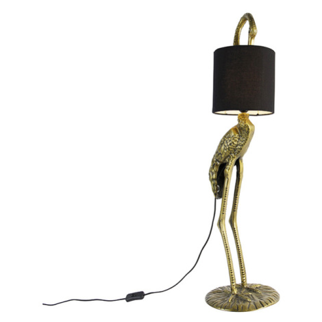 Vintage stojací lampa mosazná tkanina odstín černá - Crane bird QAZQA