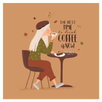 Ilustrace Cartoon beautiful girl drinking coffee at cafe, MashaStarus, 40 × 40 cm