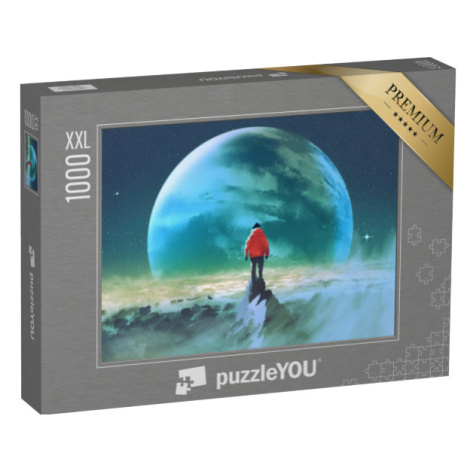 puzzle 1000 dílků XXL „Muž na vrcholu hory s výhledem na jinou planetu“