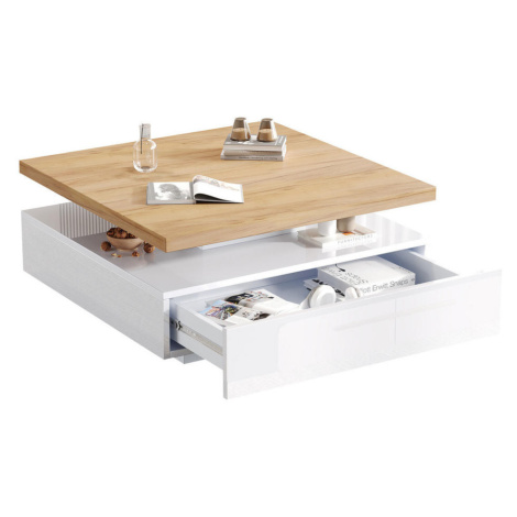 Redom KONFERENČNÍ stolek 70/70/36 cm s 360° otočnou deskou a zásuvkou, vysoký lesk, Ořechová/Bíl