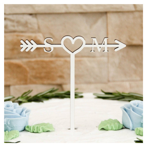 Dřevěný svatební zápich do dortu - Šipka s iniciály novomanželů DUBLEZ