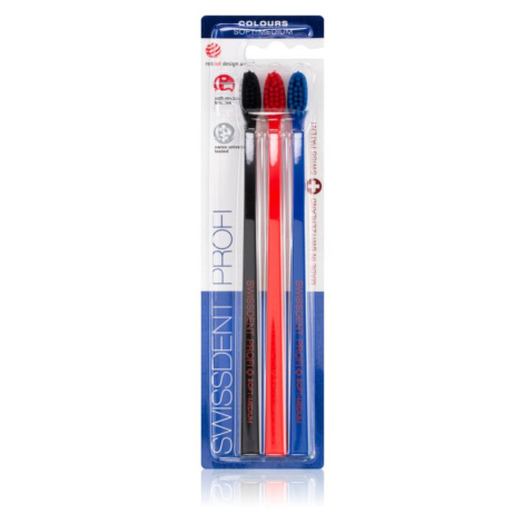 Swissdent Profi Colours zubní kartáčky soft - medium black, red, blue 3 ks