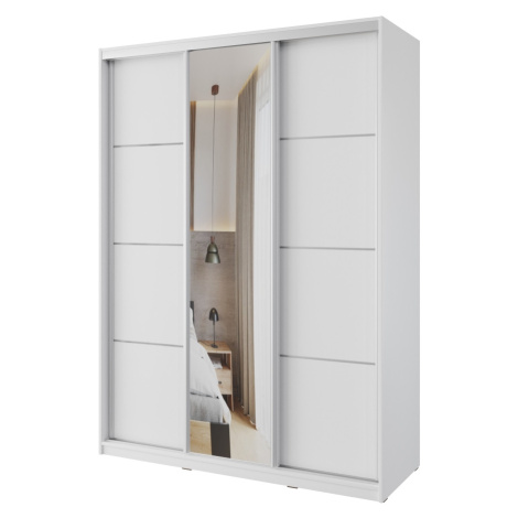 Šatní skříň NEJBY BARNABA 150 cm s posuvnými dveřmi, zrcadlem, 4 šuplíky a 2 šatními tyčemi, bíl Lamivex