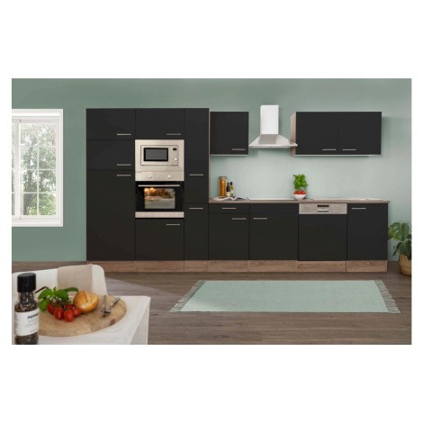 Respekta Kuchyně Oliver černá - hedvábně lesklá/dub 370 cm - Bez el. přístrojů