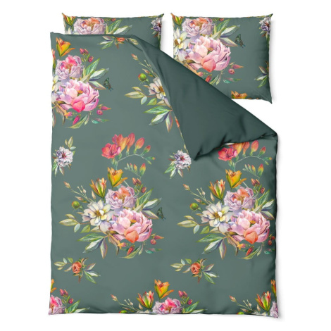 Tmavě zelené povlečení na dvoulůžko z bavlněného saténu Bonami Selection Floret, 200 x 220 cm