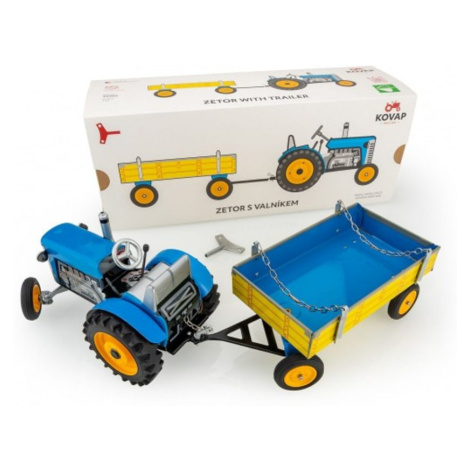 Kovap Traktor Zetor s valníkem modrý na klíček kov 1:25 v krabičce 32x13x11cm Kovap