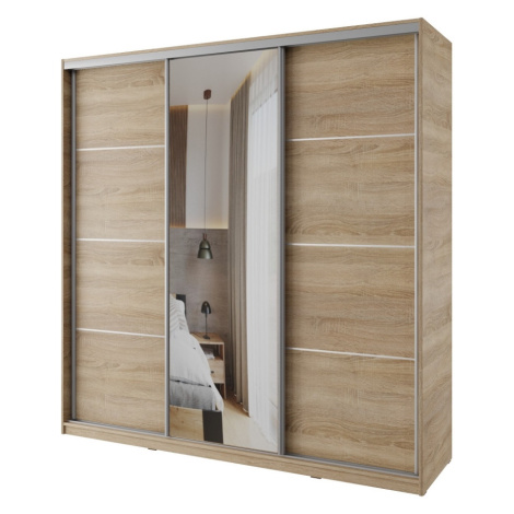 Šatní skříň NEJBY BARNABA 200 cm s posuvnými dveřmi,zrcadlem,4 šuplíky a 2 šatními tyčemi,dub so Lamivex