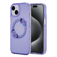 Pouzdro Guess PC/TPU Flowers Ring Glossy Logo MagSafe Apple iPhone 15 Purple