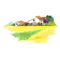 Ilustrace Rural house and yellow field in, zzorik, (40 x 24.6 cm)