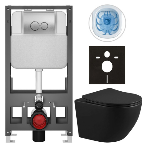 Kompletní WC set Basic/Cesso - černá matná - WC tlačítko Dualo/Stříbrná - volně stojící - předst