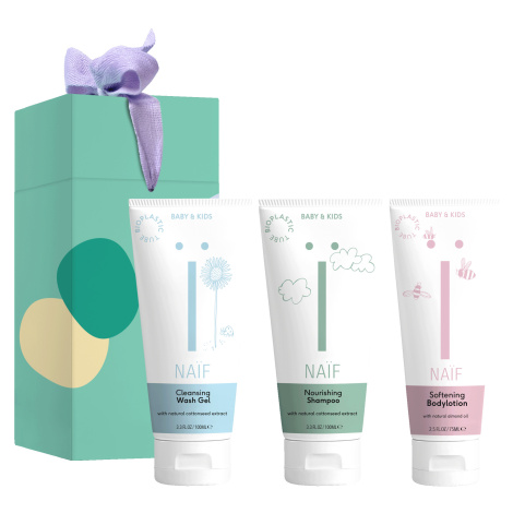NAÏF Dárková sada kosmetiky pro děti a miminka - čistící gel + šampon + tělové mléko NAIF