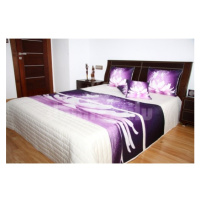 Přehoz na postel krémové barvy s motivem fialového květu